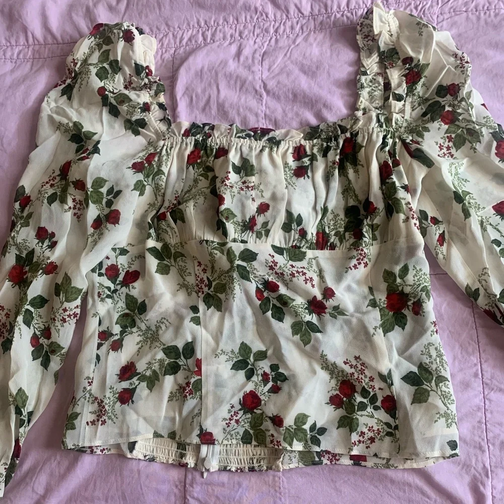 Reformation Cream Floral Puff-Sleeve Blouse with Red & Green Roses